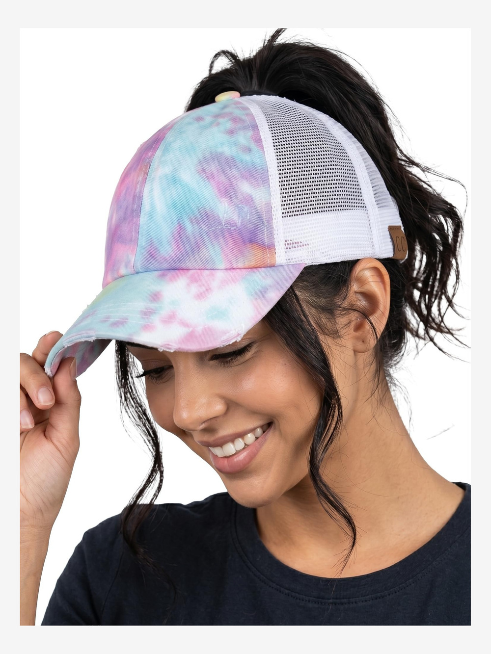 Criss Cross Ponytail Cap, Messy Bun | Tie Dye, Cotton Candy W, Mesh | Size OS